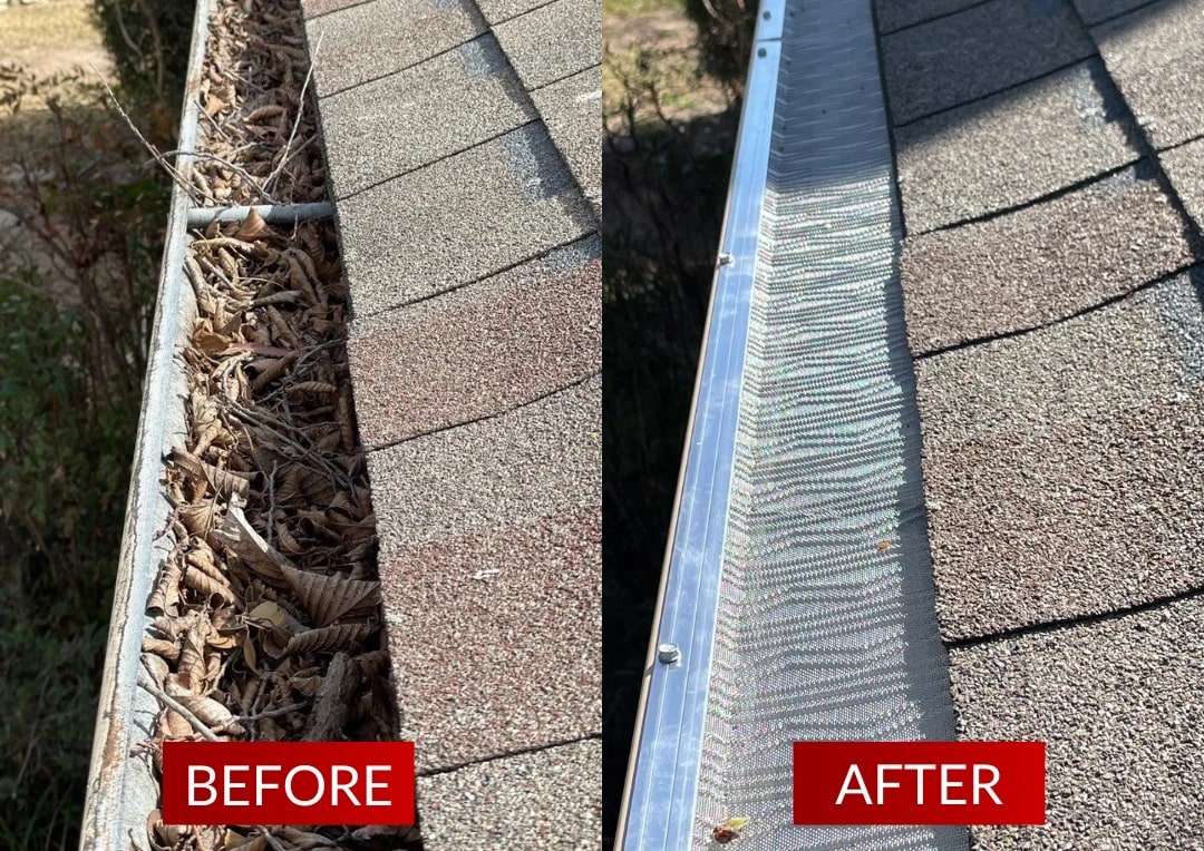 Before and after comparison of clogged gutter vs. installed gutter guard.