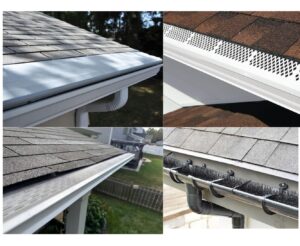 Comparison of gutter cover types: micro mesh, solid hood, and perforated aluminum guards.